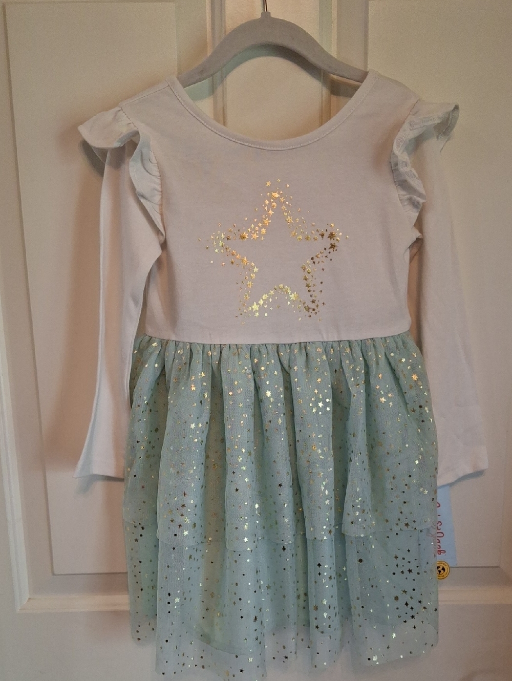 Cat & Jack White Top with Mint Green Glitter Star Tulle Dress